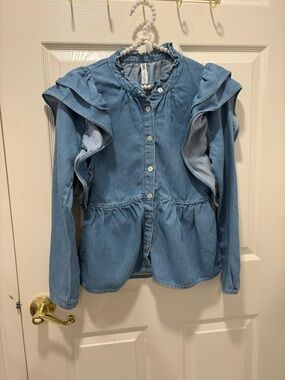 Zara Light Blue Ruffle Denim Button-Up Top
